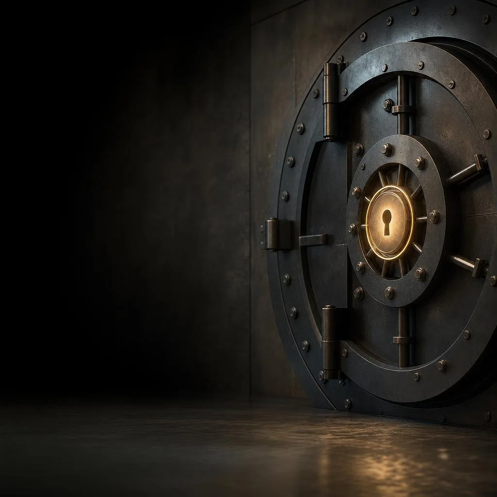 Abstract dark vault with a glowing lock motif